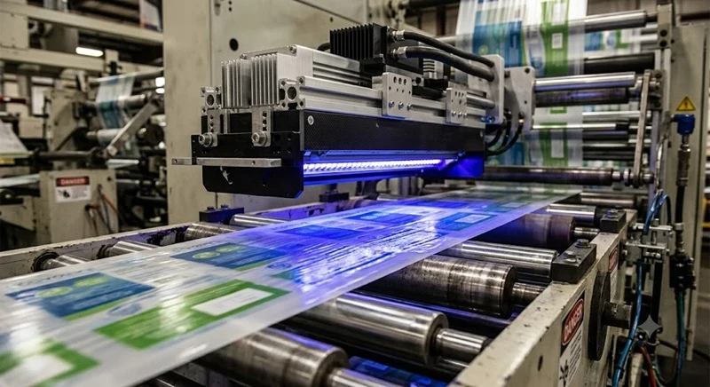 Close-up of a UV LED curing unit mounted over a web path, emitting blue light onto printed substrate