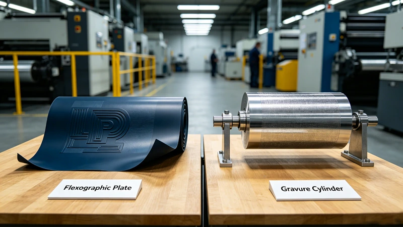 Side-by-side comparison of a flexographic printing plate and a gravure cylinder on a production floor