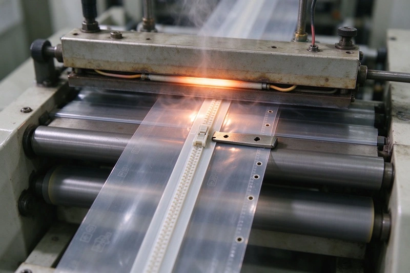 Close-up of sealing bar and zipper profile alignment during bag making