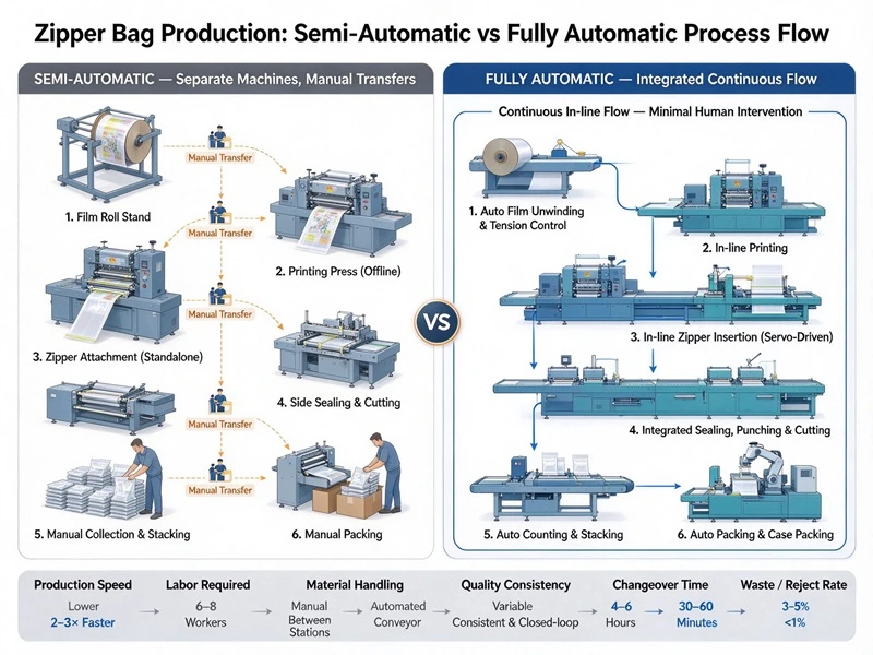 Diagram comparing the process flow of a semi-automatic zipper bag operation (separate machines, manual transfers) vs. a fully automatic production line (integrated continuous flow)